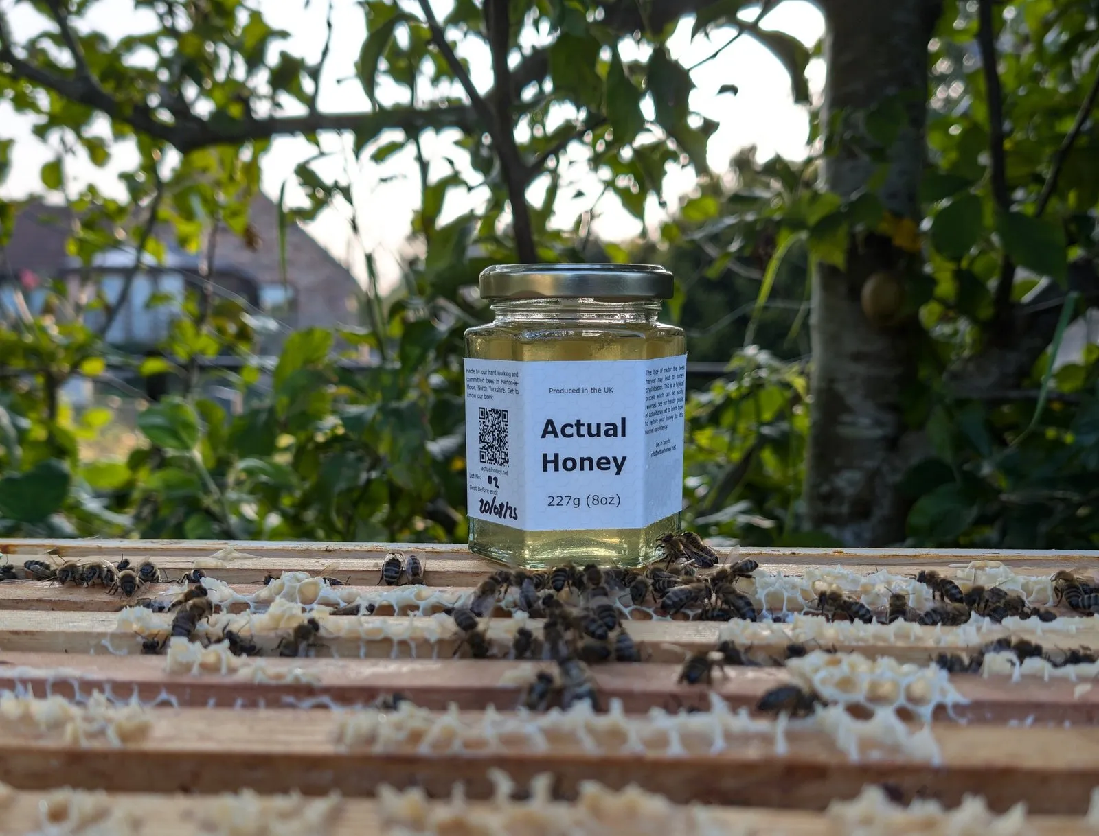 A jar of Actual Honey standing on an open hive